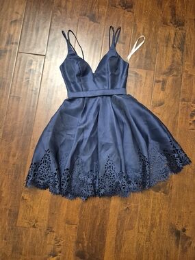 Sherri Hill Navy Laser-Cut Fit-and-Flare Mini Dress